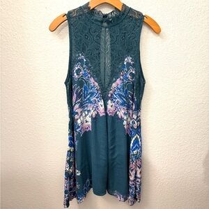 Vintage Free People Teal and Purple Lace Floral Tank intimates